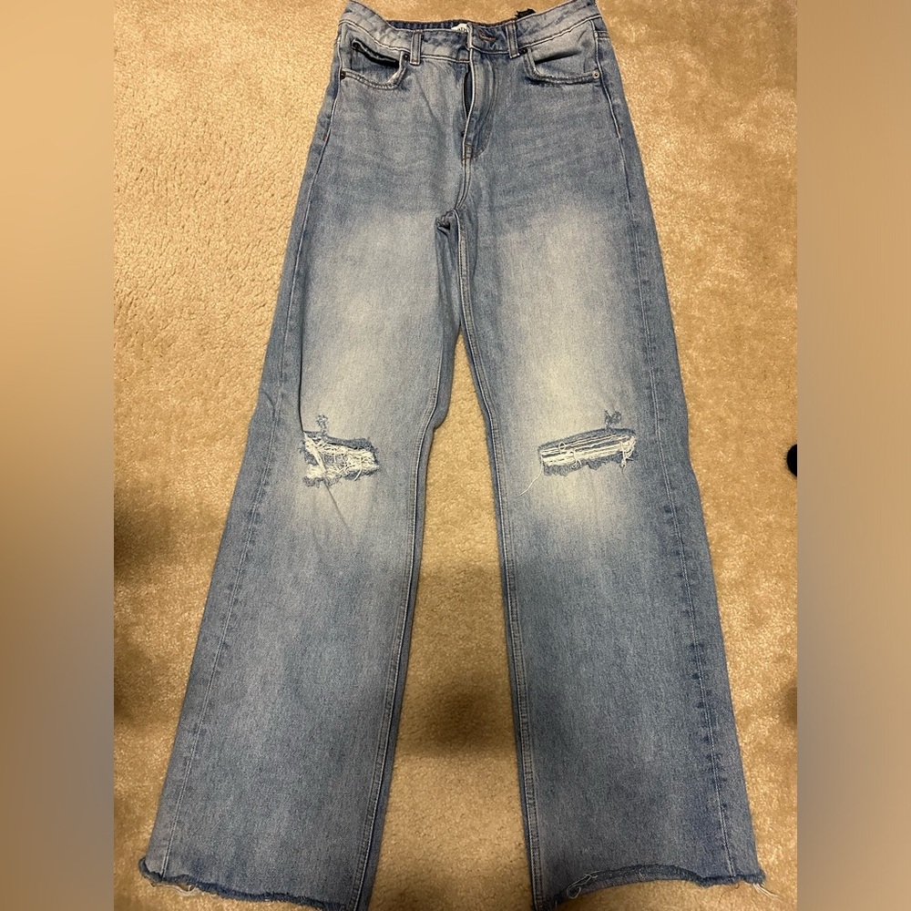Zara Light Blue Distressed Wide Leg Flare Jeans Women’s Size 4